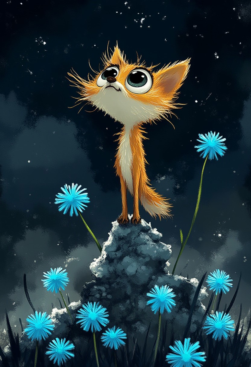 A whimsical illustration of a thin, elongated fox with a disproportionately massive head in dark whimsical art style, balanced perfectly atop a shattered planet fragment drifting through the cosmos, with glowing blue cornflowers sprouting from the celestial debris, digital painting with dramatic brushstrokes showing bristly orange fur illuminated by distant stars, deep twilight space background with aurora-like wisps, characteristic Tim Burton inspired design with huge, haunting amber eyes that seem to contain entire solar systems