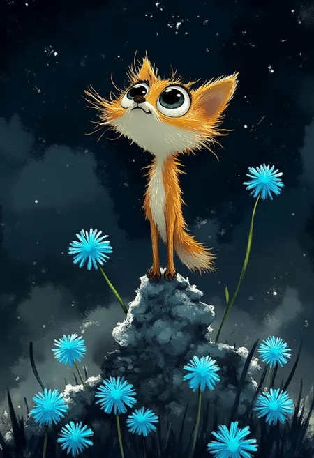 A whimsical illustration of a thin, elongated fox with a disproportionately massive head in dark whimsical art style, balanced perfectly atop a shattered planet fragment drifting through the cosmos, with glowing blue cornflowers sprouting from the celestial debris, digital painting with dramatic brushstrokes showing bristly orange fur illuminated by distant stars, deep twilight space background with aurora-like wisps, characteristic Tim Burton inspired design with huge, haunting amber eyes that seem to contain entire solar systems