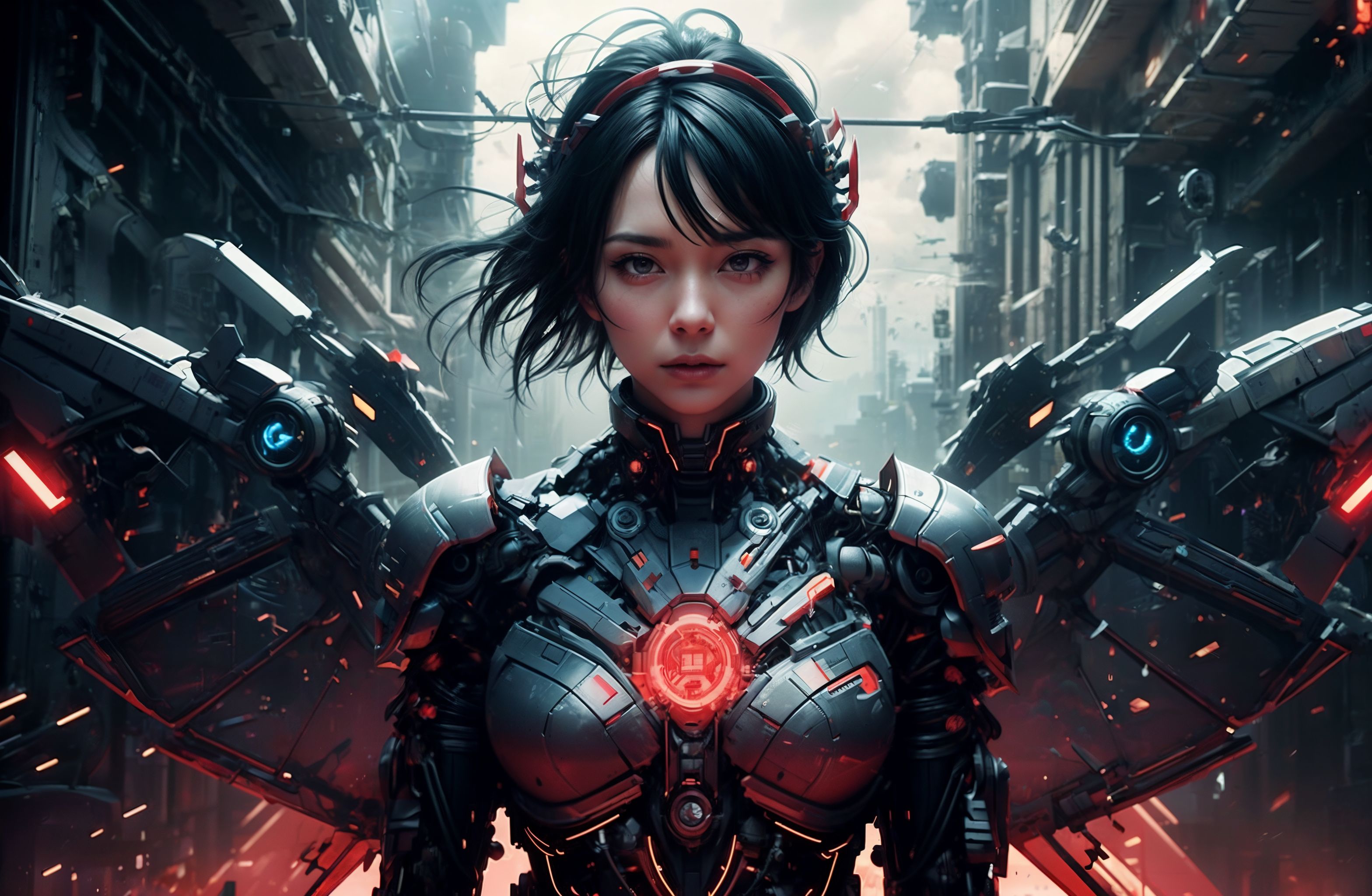 1girl, solo, black hair,  modern haircut, japanese, black eyes, scifi armor, chest plate, joints, mechanical parts, red circuits, angluar shapes, translucent wings, headgear, storm clouds, sharp focus, fov, realistic, 8k high detail, intricate, absrudres, (masterpiece:1.2), (best quality:1.1), <lora:add_detail:0.5> <lora:Evil:0.8> evilrealm <lora:reelmech1v2:0.6>