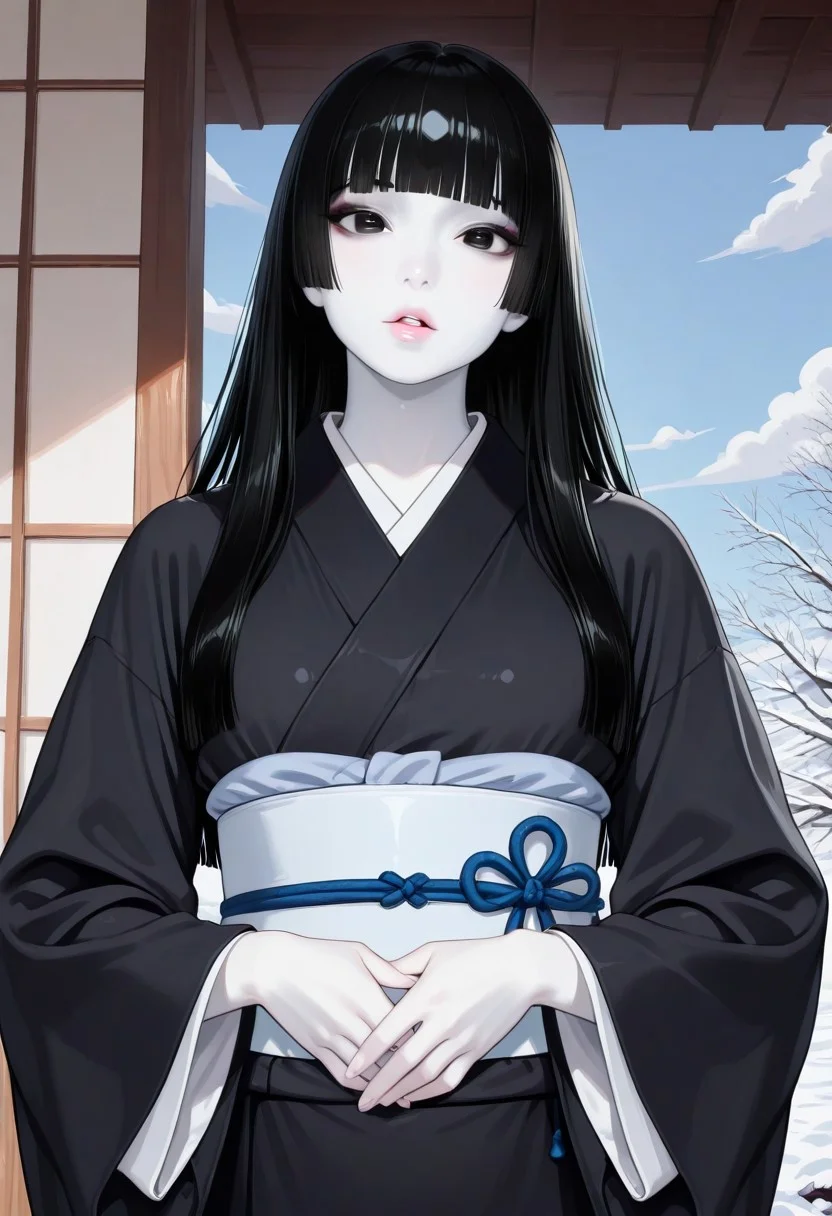 1girl, sky, black hair, long hair, hime cut, masterpiece, black eyes, colored skin, (white skin:1.3), Yuki-Onna, parted lips, looking at viewer, black kimono, wide sleeves, obi, japanese clothes, outdoors, hands held together on stomach, cloud, volumetric lighting, blue sky, portrait, upper body,