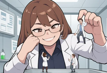 masterpiece, best quality, newest, absurdres, highres, <lora:imvo_tda2_50:1> imvo_tda, giantess sitting on table, tiny man dangling from fingers, arm_up, grin, labcoat, scientist, glasses, plump, brown_hair, laboratory, from_above, foreshortening