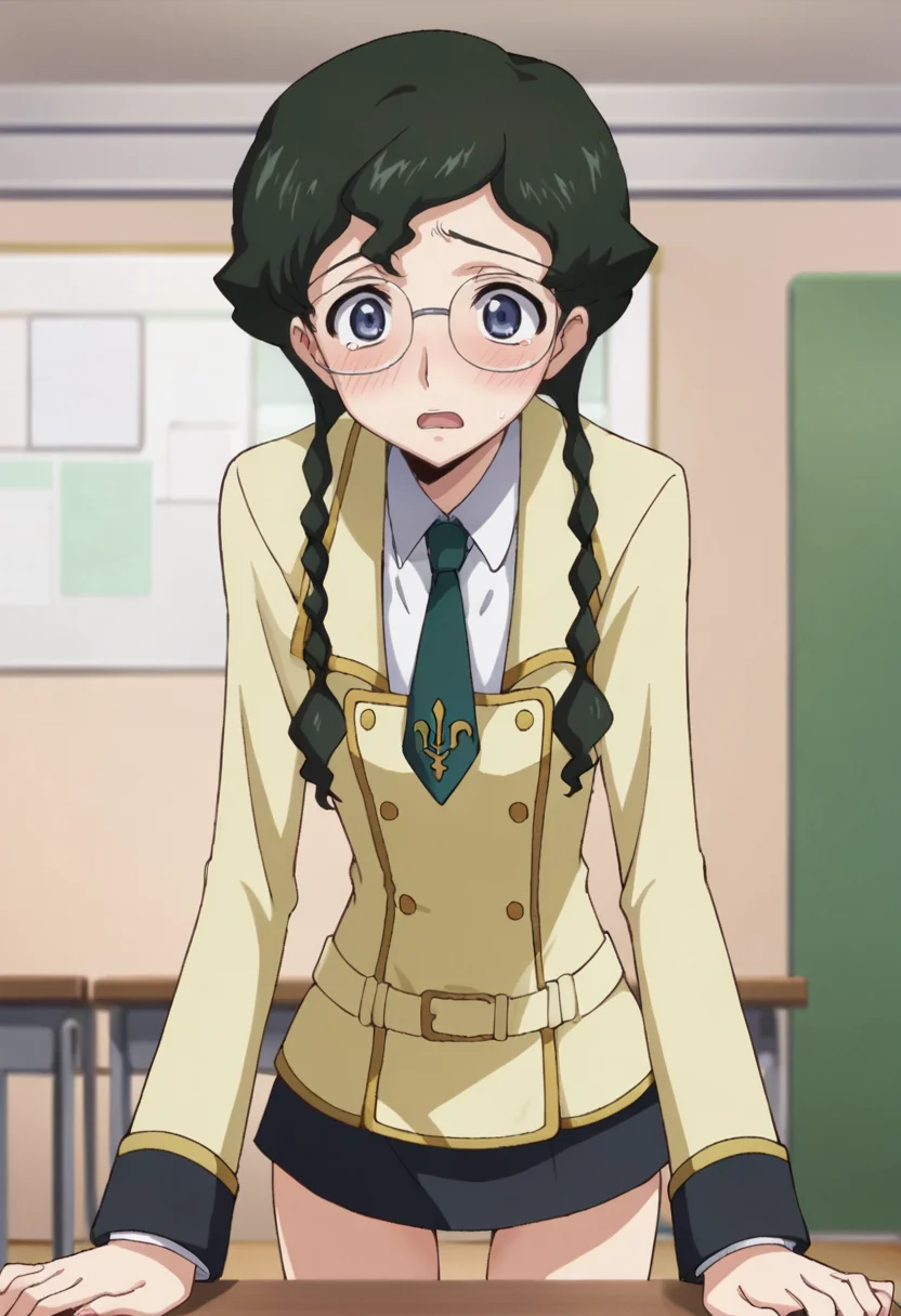 score_9,score_8_up,score_7_up,anime coloring BREAK source_anime,anime,<lora:Nina_Einstein_Code_Geass:0.8>,ninar1,1girl,solo,blue eyes,green hair,braid,twin braids,glasses,necktie,skirt,ashford academy school uniform,thighs,blush,surprised,scared,standing,bent over,leaning on table,arm support,indoors,Lecture Hall,table,looking at viewer,