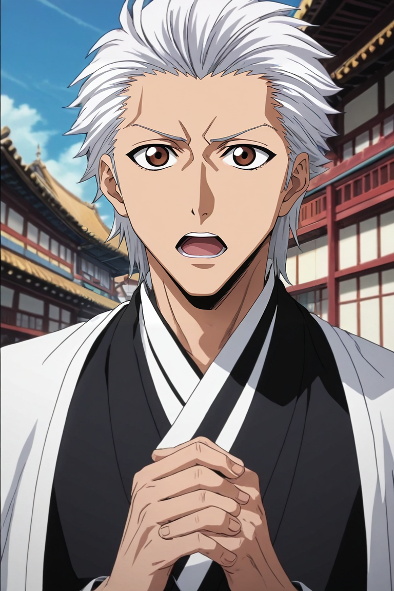 score_9, score_8_up, score_7_up, source_anime, rating_safe, intricate details, , , depth of field, 1boy, male focus, brown eyes, silver hair,, solo, rule of thirds, town, japanese architecture, dark, own hands together, open mouth, <lora:bleach_style_pony:0.9>, bleach_style, <lora:sdxl_lightning_8step_lora:1>