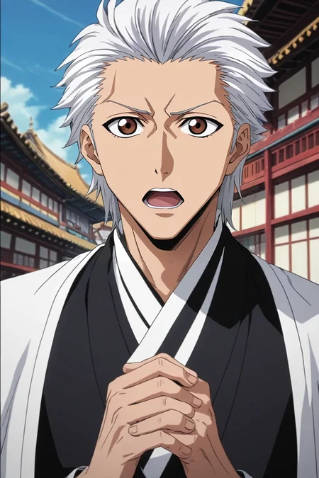 score_9, score_8_up, score_7_up, source_anime, rating_safe, intricate details, , , depth of field, 1boy, male focus, brown eyes, silver hair,, solo, rule of thirds, town, japanese architecture, dark, own hands together, open mouth, <lora:bleach_style_pony:0.9>, bleach_style, <lora:sdxl_lightning_8step_lora:1>