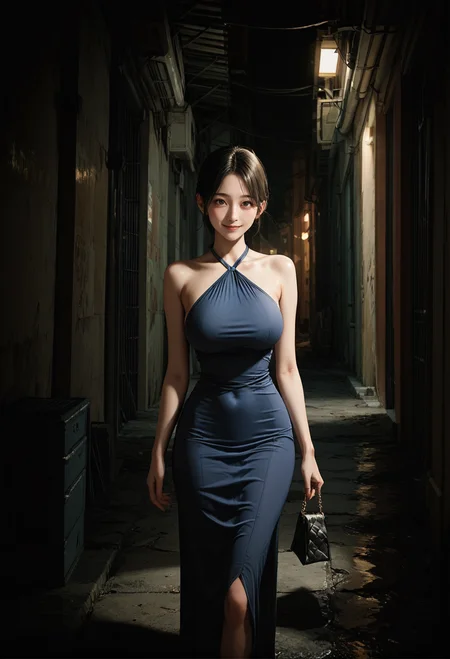1girl,,ruanyi0932,blue dress,halter dress,sleeveless,cowboy shot,taut dress,skin tight,handbag,
,ruanyi0924,alley,dark,outdoors,night,<lora:0932 Home wear 9_v1_pony:0.8>,<lora:0924 narrow aisle_v1_pony:0.8>, score_9, score_8_up, score_7_up, score_6_up, score_9, score_8_up, score_7_up, score_6_up source_anime, blush, 1girl, seduce smile, perfect body , natural huge breasts