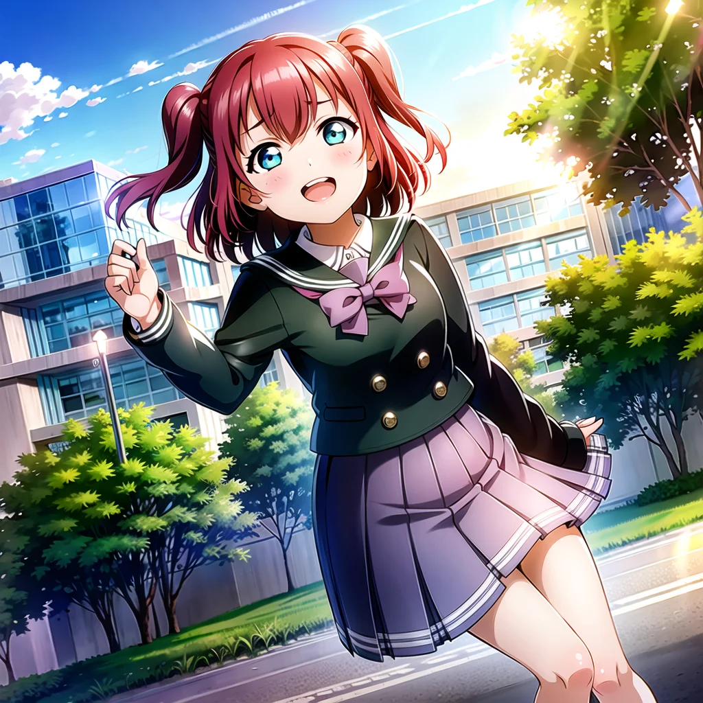 1girl, solo,(best quality),(masterpiece:1.1),(school uniform:1.4),green eyes, dress, looking_at_viewer, neck_ribbon, cute, clear facial skin,