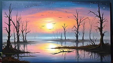 barren wasteland, swamp , dead trees in the fog, , evening, few stars, ,
oil painting,