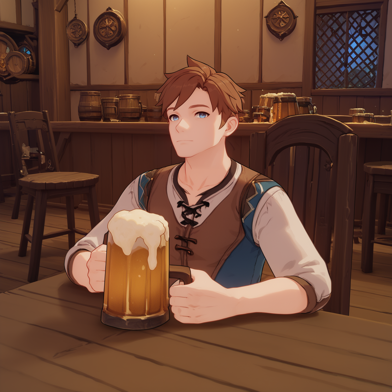 score_9, score_8_up, score_7_up, G3NSHIN, blue eyes, brown hair, short hair, 1boy, male focus, solo focus, solo, indoors, alcohol, drinking, beer, pub, chair, sitting, indoors, wooden floor, beer mug, holding mug, 