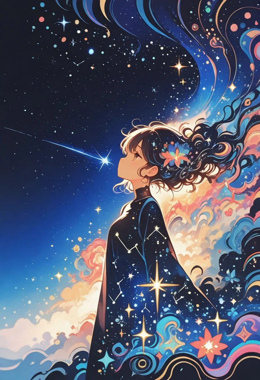 1 girl , starry sky , shooting star ,looking away ,constellation ,swirling , abstract ,shifting twisting ,
masterpiece, best quality ,amazing quality ,Bright_illu ,sparkle ,too many light particles,psyc0d3l1c ,Protoneon , sometyome_illu ,