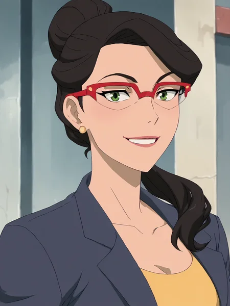 score_9, score_8_up, score_7_up, score_6_up, BREAK, V1ck1V4l3, 1girl, solo, black hair, green eyes, earrings, single hair bun, red-framed eyewear, smile, looking at viewer <lora:Vicki_Vale:1>
