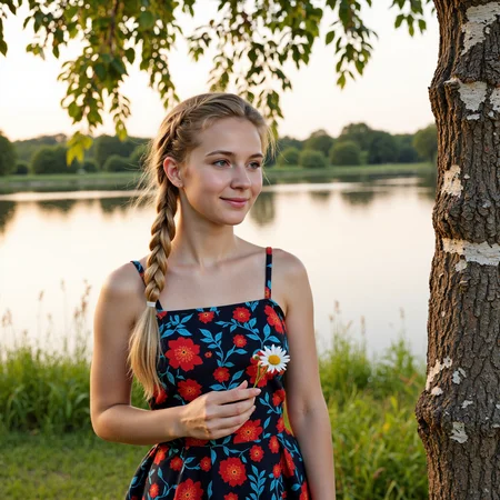 Create an enchanting scene featuring a cute Russian teenage girl with striking blonde hair styled in a gorgeous, thick long braid adorned with delicate forget-me-nots woven throughout. She is holding a fresh daisy in her hand, standing gracefully by a birch tree. The background showcases a serene river, reflecting the soft light of the setting sun. The girl is dressed in a traditional Russian national sundress, which enhances her perfect beauty. Focus on hyper-detailed features, especially the illumination of her eyes and the texture of her hair. Incorporate elements of soft light and subtle glitter to add a magical touch to the atmosphere, making this a true masterpiece of beauty and nature.