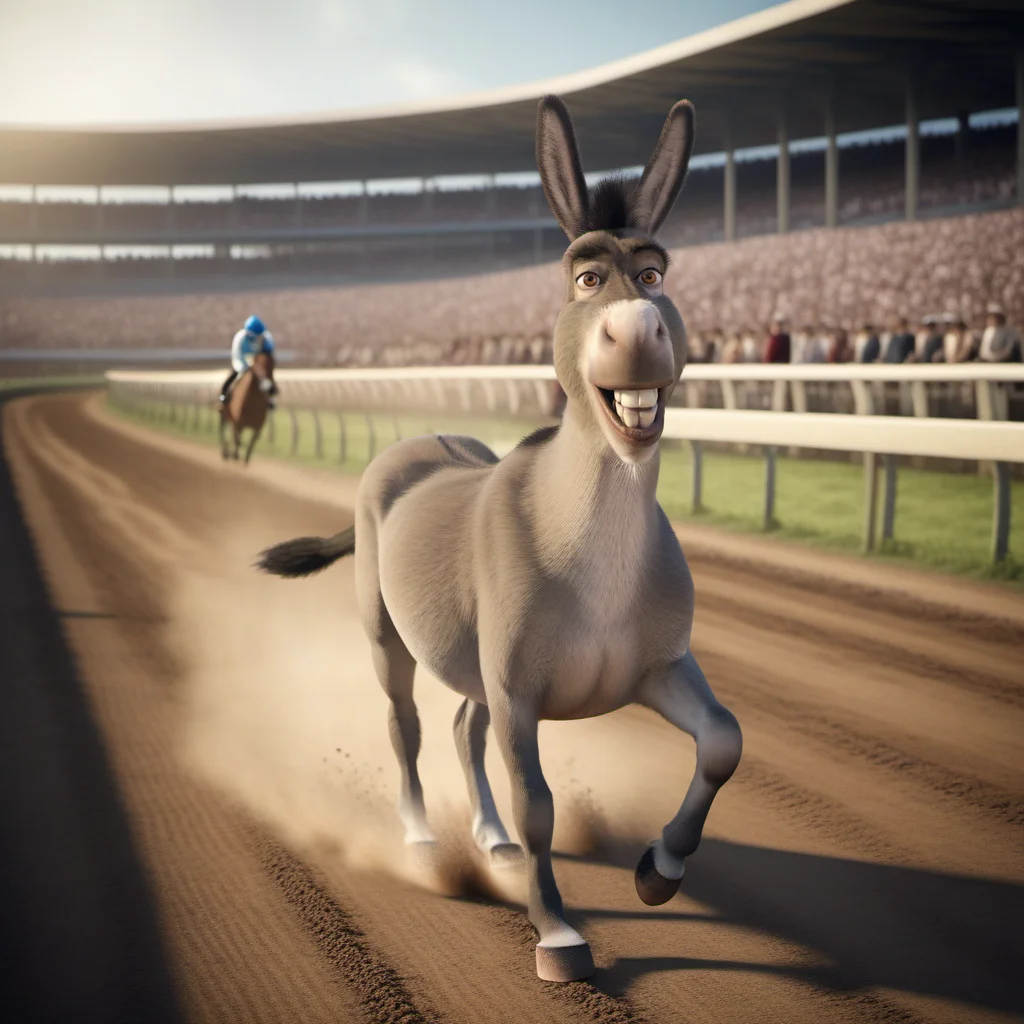 an horse racing donkey ridden by a jockey, full speed, horse tracks  <lora:Donkey1024:0.8>