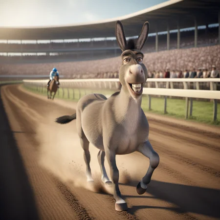 an horse racing donkey ridden by a jockey, full speed, horse tracks  <lora:Donkey1024:0.8>