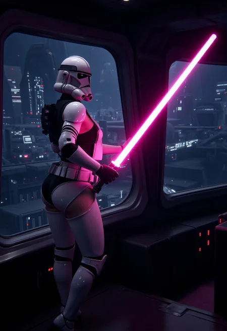 "Execute order 69" where woman character in a sexy stormtrooper-inspired outfit, holding a pink lightsaber standing at the windows on the main bridge of a Star Destroyer. The scene is set inside a large, futuristic, and dimly lit command bridge.
, aidmafemalecosplay, aidmaHyperrealism, aidmaimageupgrader,aidmaTextImprover, aidmaImageUpdater, aidmahyperrealsim,