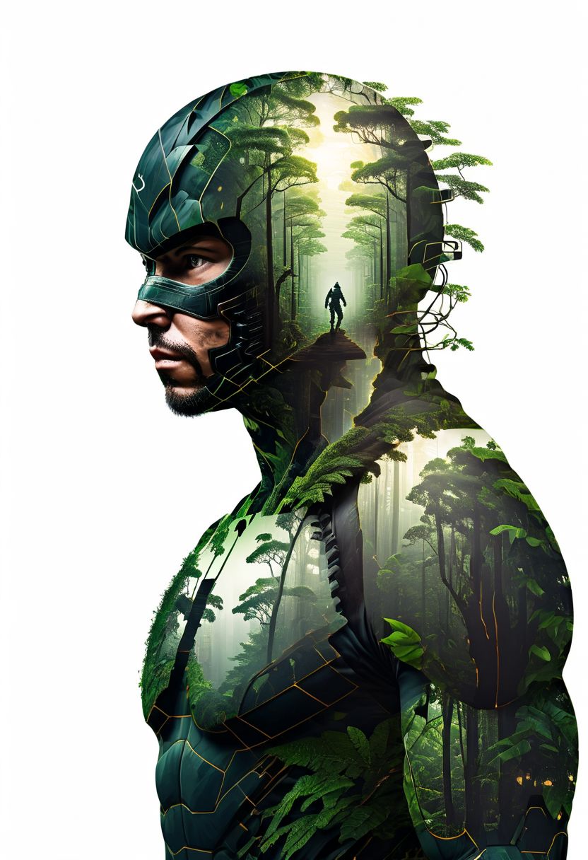 mysterious silhouette of a CyberNinja, amazing depth, double exposure, surreal, rainforest, pattern, lightening, geometric patterns, intricately detailed, bokeh,  perfect balanced, deep fine borders, artistic photorealism , smooth,  with a white background