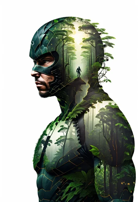 mysterious silhouette of a CyberNinja, amazing depth, double exposure, surreal, rainforest, pattern, lightening, geometric patterns, intricately detailed, bokeh,  perfect balanced, deep fine borders, artistic photorealism , smooth,  with a white background