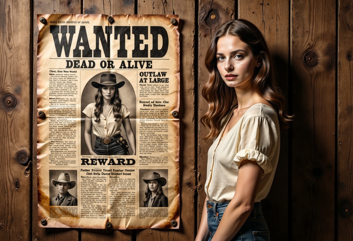 to the left of the frame is a old wanted poster. (Banner: "WANTED"). detailed small old half bent metal nails in each of the four corners of the poster. 
A story headline, in large letters: (text: "DEAD OR ALIVE"). 
The underline (text: "BUZZ REWARD"). Stories and monochromatic pictures featuring 1girl cowgirl outlaw photo.
the same woman from the photo is standing just to the right of the poster looking at the viewer. her head to waist is in the frame. 
The extremely detailed monochrome photo of a female outlaw in the bottom right corner. secondary story headline, in smaller letters: (text: "OUTLAW AT LARGE").
extremely detailed Stained and creased paper corners, with a burn mark stains on it. realistic old water damaged weathered grained wood panel backdrop.
oldpprCE style