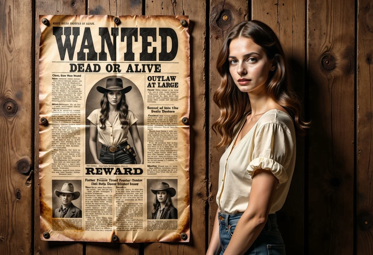 to the left of the frame is a old wanted poster. (Banner: "WANTED"). detailed small old half bent metal nails in each of the four corners of the poster.
A story headline, in large letters: (text: "DEAD OR ALIVE").
The underline (text: "BUZZ REWARD"). Stories and monochromatic pictures featuring 1girl cowgirl outlaw photo.
the same woman from the photo is standing just to the right of the poster looking at the viewer. her head to waist is in the frame.
The extremely detailed monochrome photo of a female outlaw in the bottom right corner. secondary story headline, in smaller letters: (text: "OUTLAW AT LARGE").
extremely detailed Stained and creased paper corners, with a burn mark stains on it. realistic old water damaged weathered grained wood panel backdrop.
oldpprCE style