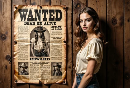 to the left of the frame is a old wanted poster. (Banner: "WANTED"). detailed small old half bent metal nails in each of the four corners of the poster.
A story headline, in large letters: (text: "DEAD OR ALIVE").
The underline (text: "BUZZ REWARD"). Stories and monochromatic pictures featuring 1girl cowgirl outlaw photo.
the same woman from the photo is standing just to the right of the poster looking at the viewer. her head to waist is in the frame.
The extremely detailed monochrome photo of a female outlaw in the bottom right corner. secondary story headline, in smaller letters: (text: "OUTLAW AT LARGE").
extremely detailed Stained and creased paper corners, with a burn mark stains on it. realistic old water damaged weathered grained wood panel backdrop.
oldpprCE style