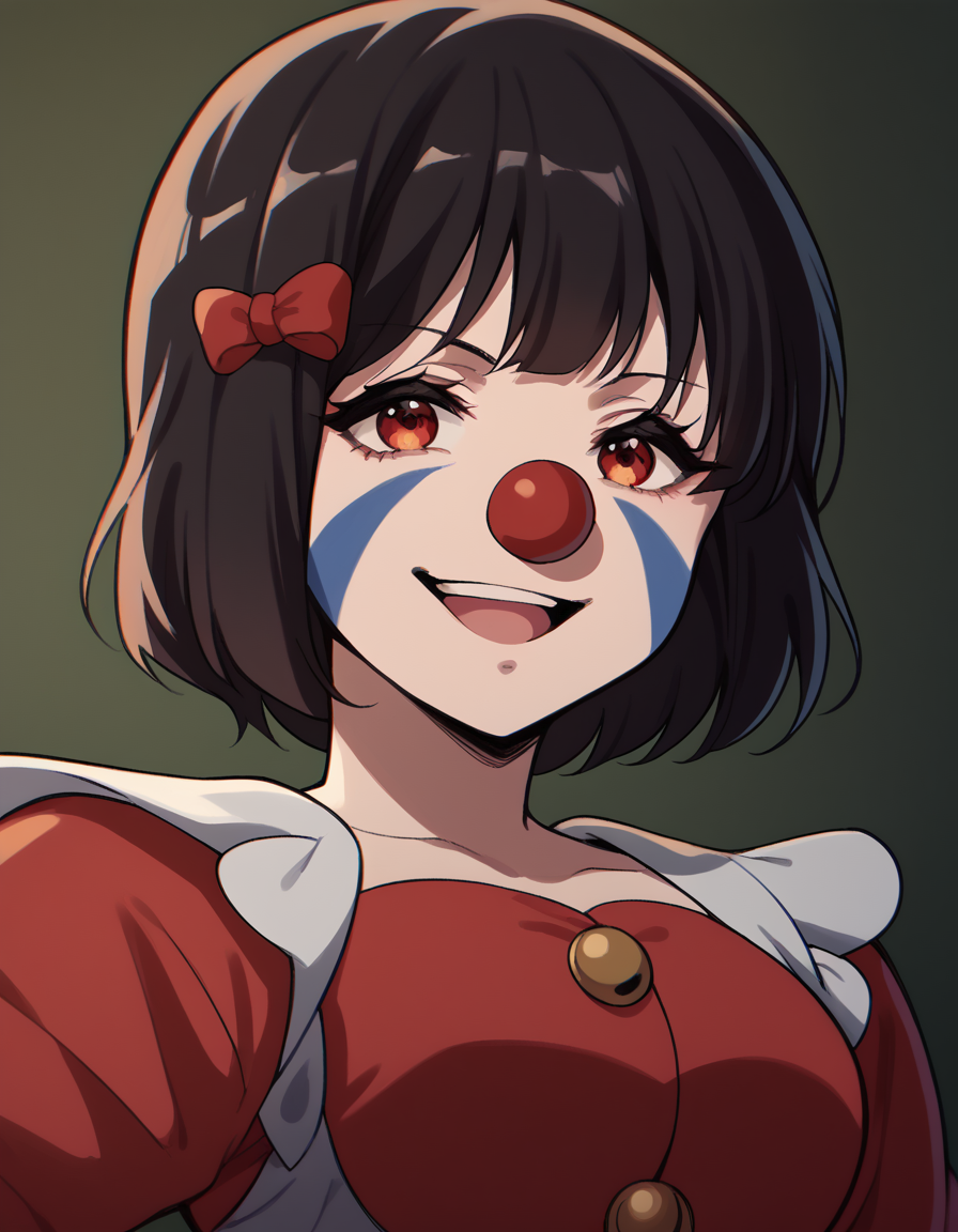 score_9, score_8_up, score_7_up, source_anime, <lora:kanade-hisaishi-movie-ponyxl-lora-nochekaiser:1>, kanade hisaishi, short hair, bangs, black hair, red eyes, bow, hair bow, red bow, medium breasts,, <lora:clown-ponyxl-lora-nochekaiser:1>, clown, makeup, clown nose, facepaint, gloves, long sleeves, frills, dress,, smile, open mouth, smug, , dutch angle, cowboy shot