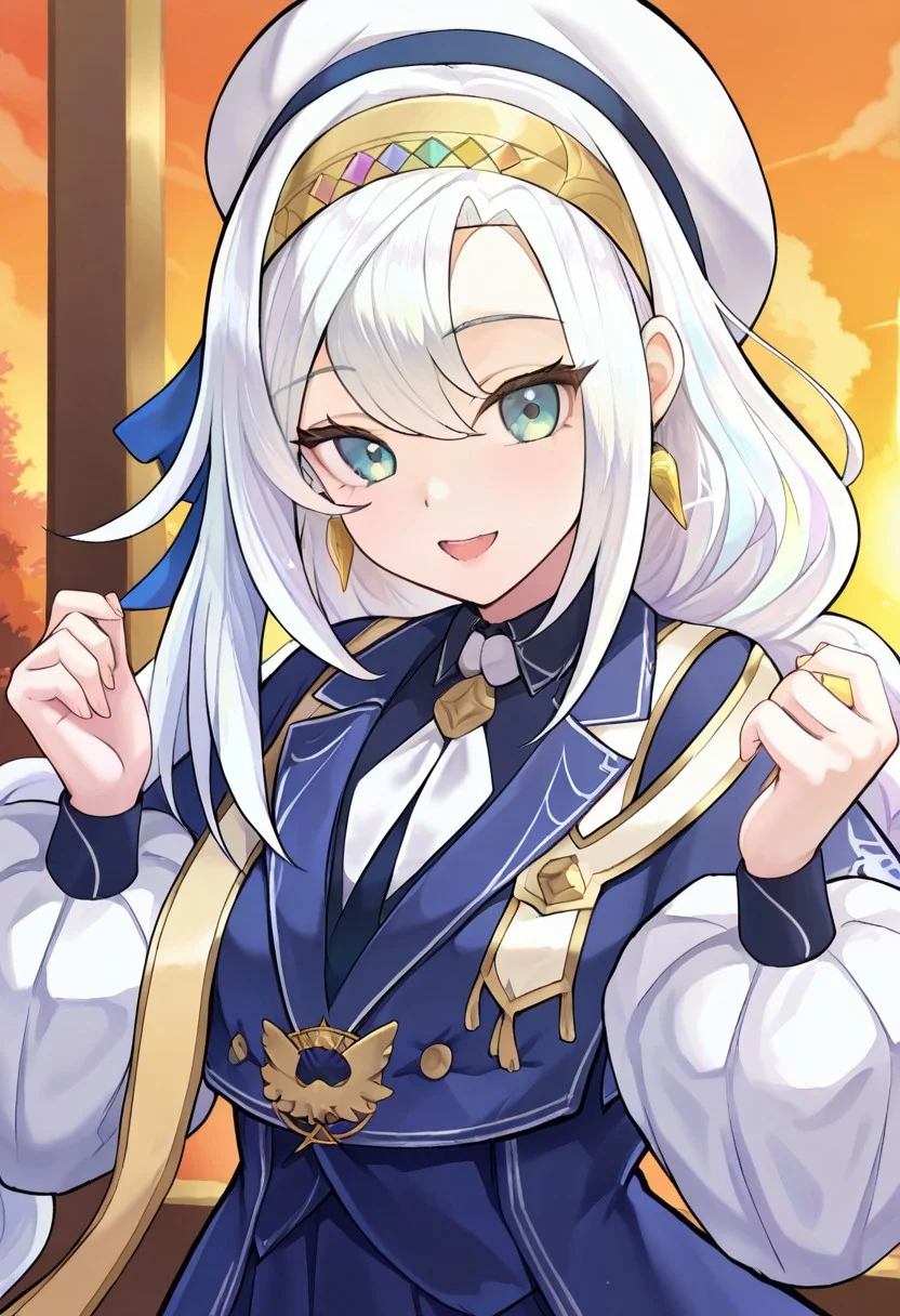 (masterpiece),best quality, amazing quality, very aesthetic, absurdres, newest, 1girl, solo, artmegia finemelt, twin braid, white hat, blue jacket, puffy sleeves, neckite, earrings, upper body, smile, open mouth, cowboy shot, looking at viewer, evening