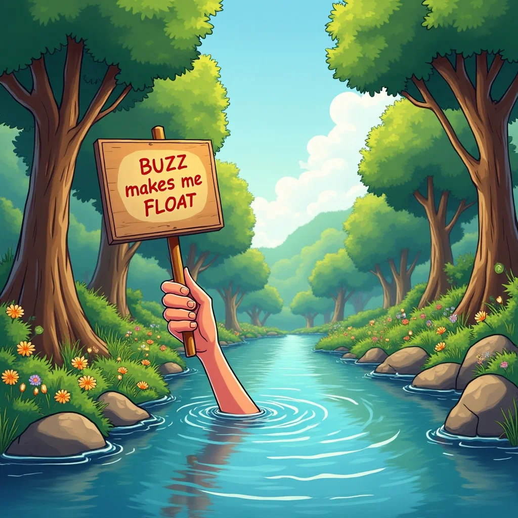 zPDXL3 Comicstyle A hand reaching out of a river, holding a sign that says "Buzz makes me float". Along the river grows a light and friendly forrest With a few flowers between the threes and the bushes. There a little birds and butterflies. The Overall Setting is disneylike
