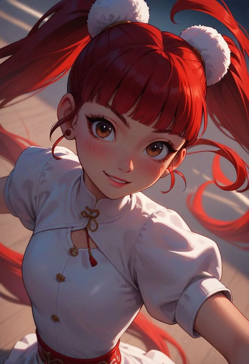 score_9, score_8_up, score_7_up, score_6_up,
1girl, 25 years old, perfect face, cute, petite, close view, portrait, face focus, depth of field, looking at viewer,
brown eyes,
red hair, very long hair, twintails, sidelocks, blunt bangs, floating hair,
pom pom (clothes), black red kung fu dress, puffy short sleeves,
blush, shy smile,
figure skating, ice skating, skating rink, ice skates, dynamic angle, dynamic pose,
winter,