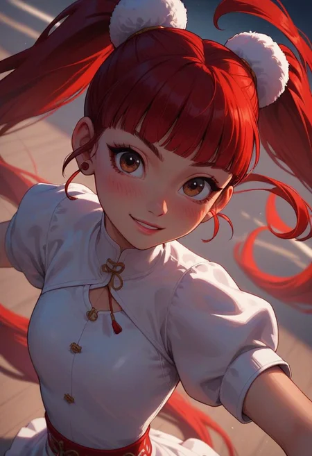 score_9, score_8_up, score_7_up, score_6_up, 
1girl, 25 years old, perfect face, cute, petite, close view, portrait, face focus, depth of field, looking at viewer, 
brown eyes,
red hair, very long hair, twintails, sidelocks, blunt bangs, floating hair,
pom pom (clothes), black red kung fu dress, puffy short sleeves, 
blush, shy smile, 
figure skating, ice skating, skating rink, ice skates, dynamic angle, dynamic pose, 
winter,