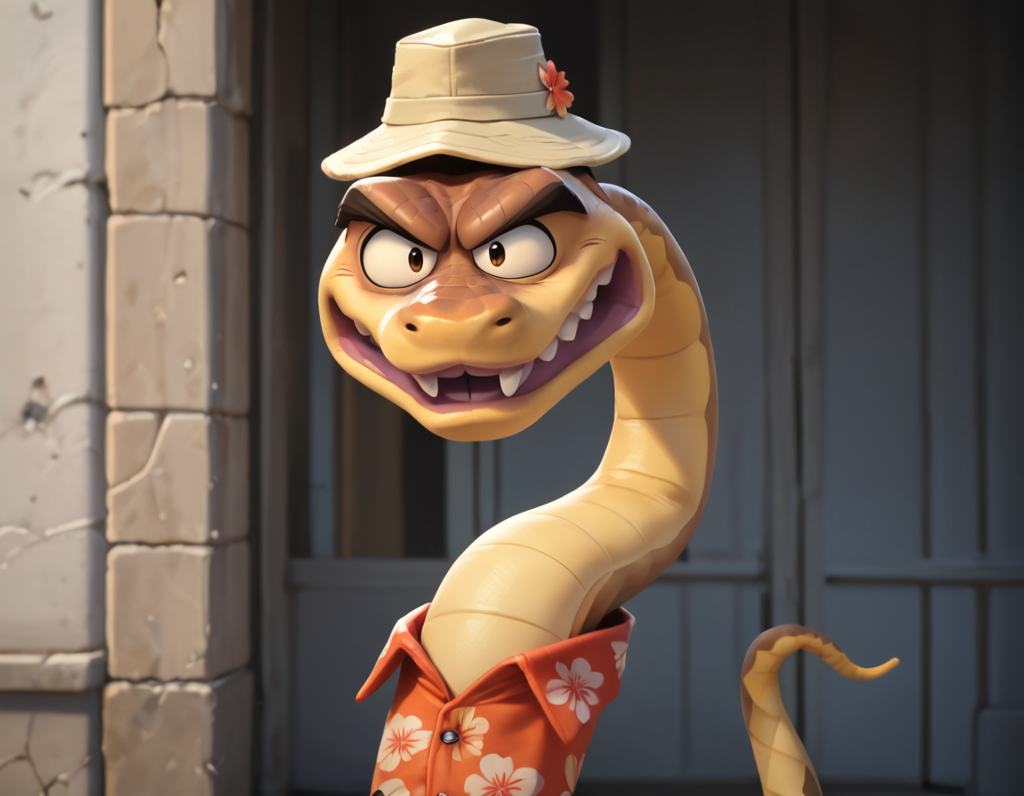 score_9, score_8_up, score_7_up, score_6_up, rating_questionable, source_anime, best quality, extremely detailed, detailed face, detailed body, 12k, beautiful eyes, masterpiece, anime screencap, male
outside, feral, Snake,( tail, scales, , ) (brown eyes,) (pointed teeth,) , , Hawaii shirt , hat, looking at view