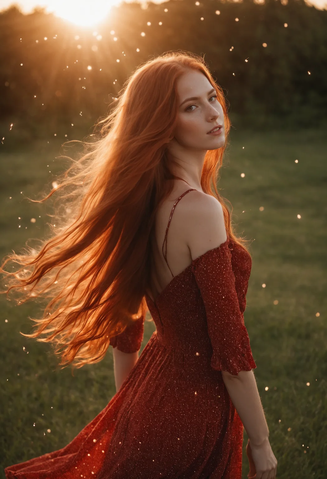 cinematic photo ,Portrait, woman 20y, red full long hair, in summer dress, particles flying through the sunset in the background, sensual body emphasized by lightrays, <lora:Neutral_Light-Rays_XL:0.4> <lora:Particles_XL_r1:0.4> particles in the backround, . 35mm photograph, film, bokeh, professional, 4k, highly detailed