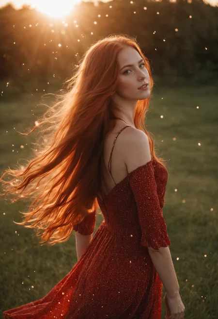 cinematic photo ,Portrait, woman 20y, red full long hair, in summer dress, particles flying through the sunset in the background,  sensual body emphasized by lightrays,  <lora:Neutral_Light-Rays_XL:0.4>  <lora:Particles_XL_r1:0.4> particles in the backround,  . 35mm photograph, film, bokeh, professional, 4k, highly detailed