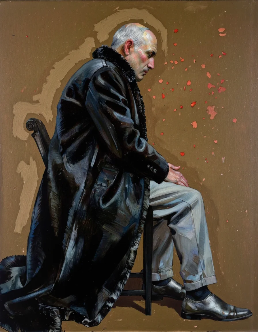 By Craig Hanna. A photo-realistic painting from a profile camera angle about a man in a long black fur coat sitting on a chair, facing away from the viewer. the man, who appears to be in his late 60s or early 70s, is sitting in the middle of the image, with his upper body visible. he is bald and wearing a long, dark black, luxurious fur coat that reaches down to his knees. the coat has a fur trim, and he is wearing grey pants that are slightly tapered at the ankles. he has a serious expression on his face, and his hands are resting on his lap. the background is a simple, textured brown wall with a subtle, warm color palette, and there are small, red particles scattered across the wall, adding a sense of movement to the image. the lighting is soft and warm, casting gentle shadows that accentuate the man's figure. the style is realistic with a touch of realism, and the overall effect is one of contemplation and introspection.