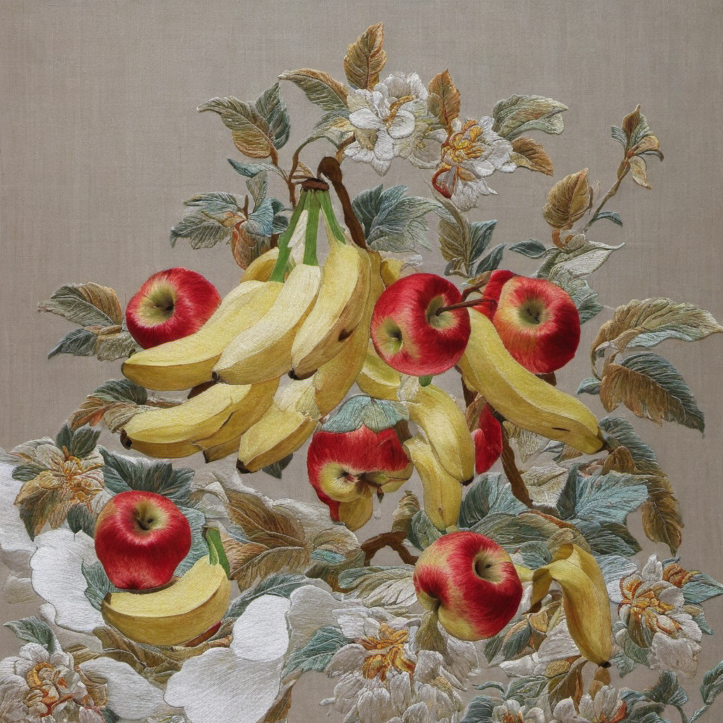 a plate of apples and bananas,embroid,<lora:embroid:1>,