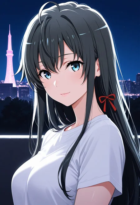 (Best quality , 8K , masterpiece) , Best illustration , Yukinoshita Yukino, 1girl, medium breasts, soft smile, detailed lips, soft lips, glossy lips, pink lips, white t-shirts, ((looking for viewers)), tower, night