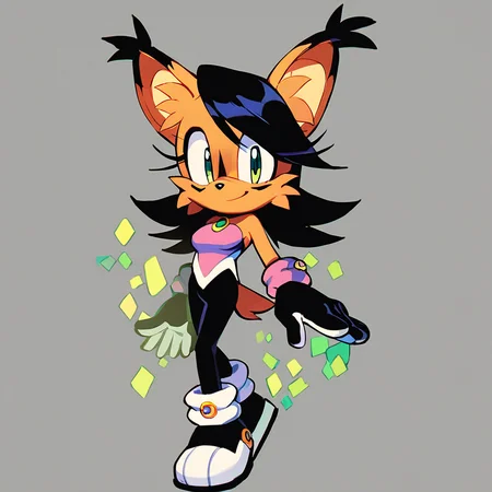 score_9, score_8_up, score_7_up, score_6_up, score_5_up, score_4_up, (Source furry), (rating safe), <lora:Nicolethelynxpny:1>, nicole the lynx, 1girl, long hair, breasts, looking at viewer, smile, simple background, gloves, bare shoulders, jewelry, medium breasts, closed mouth, green eyes, tail, full body, pantyhose, grey background, leotard, black pantyhose, happy, green gemstone, sonic the hedgehog \(series\), furry, furry female, black hair, animal ears, animal nose, animal ear fluff, solo, solo focus, body fur, brown fur, facial markings