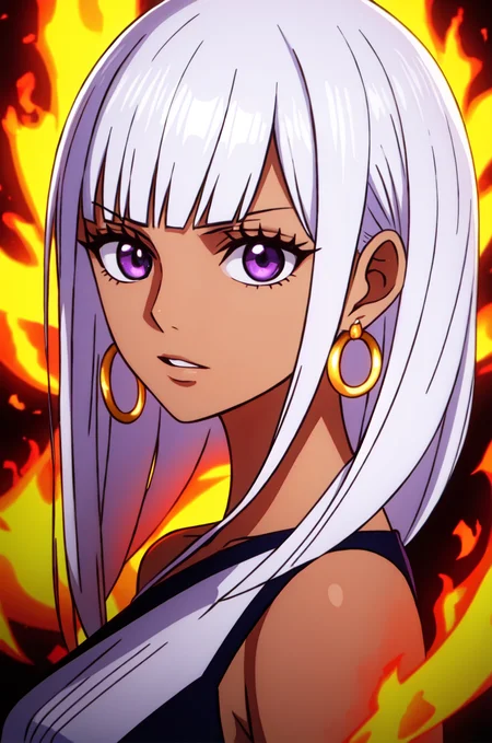 1girl, wanostyle, white hair, hime cut, bangs, fire, a girl with white hair and blue eyes wearing a white dress and black wings in front of a dark background with fire behind her, boa hancock,  bare shoulders, closed mouth, dark-skinned female, (dark skin), hoop earrings, long hair, looking at viewer, purple eyes, star-shaped eyes, solo, upper body, white hair, (((masterpiece))), ((best quality)), (extremely detailed), watercolor, illustration, depth of field, sketch, dark intense shadows, sharp focus, soft lighting, hdr, colorful, good composition <lora:wanostyle_2_offset:0.9>
