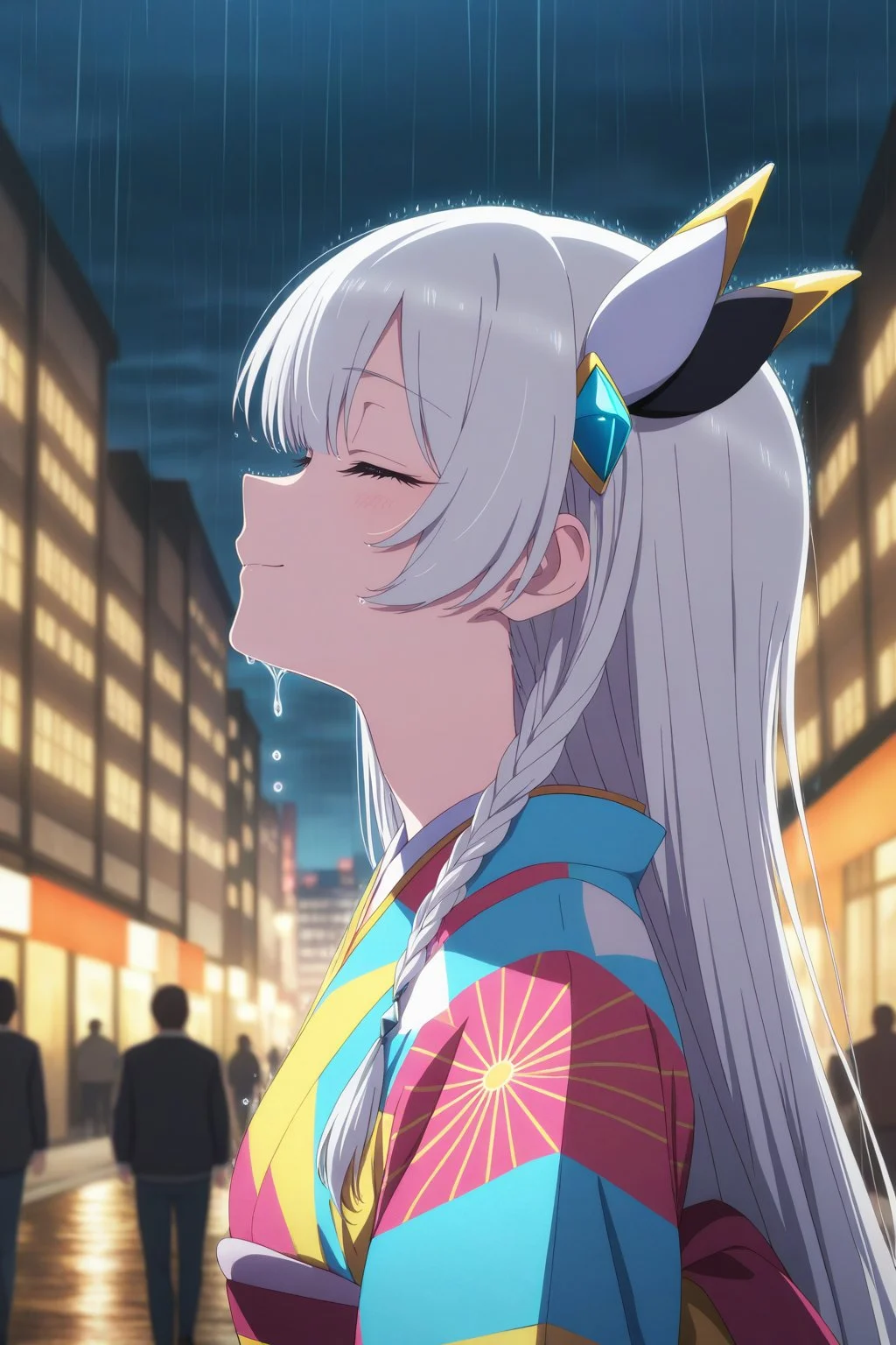 masterpiece, best quality, amazing quality, very aesthetic, absurdres, ultra detailed,
<lora:il_contrast_slider_d1 (ЦВЕТ КАРТИНКИ):-0.8>
<lora:Allucia Citrus:0.8> allucia_citrus, 1girl,
masterpiece,best_quality,absurdres,highres,very aesthetic,ray tracing, s4bit4mago_illu,anime style,
closed eyes,(colorful kimono),intricate details,raining,heavy rain,water droplets,dripping water,(night sky),city,street,buildings,buildings lights,sharp focus,depth of field,blurry background,((looking up)),closed mouth,smile,from the side,side view,