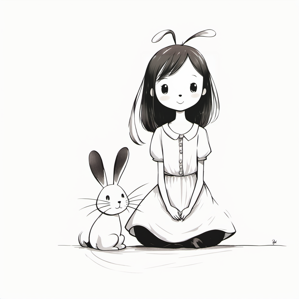 <lora:xiaohua:0.9>,xh,1girl,monochrome,greyscale,white background,simple background,smile,sitting,long hair,:3,dress,seiza,bangs,short sleeves,closed mouth,looking at viewer,antenna hair,rabbit,