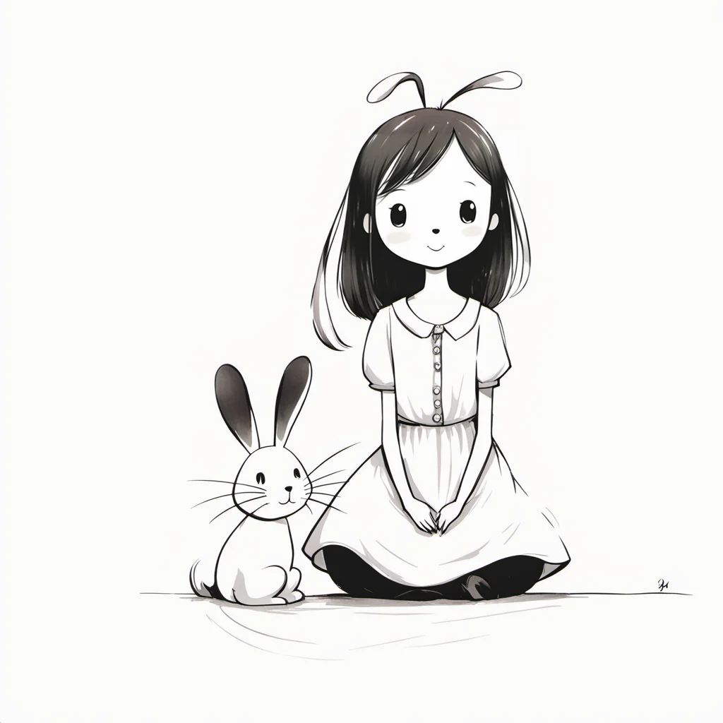 <lora:xiaohua:0.9>,xh,1girl,monochrome,greyscale,white background,simple background,smile,sitting,long hair,:3,dress,seiza,bangs,short sleeves,closed mouth,looking at viewer,antenna hair,rabbit,