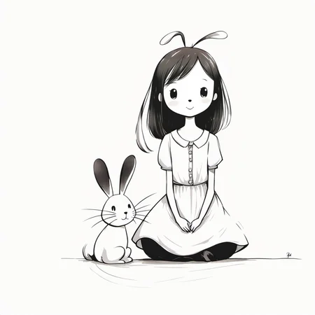 <lora:xiaohua:0.9>,xh,1girl,monochrome,greyscale,white background,simple background,smile,sitting,long hair,:3,dress,seiza,bangs,short sleeves,closed mouth,looking at viewer,antenna hair,rabbit,