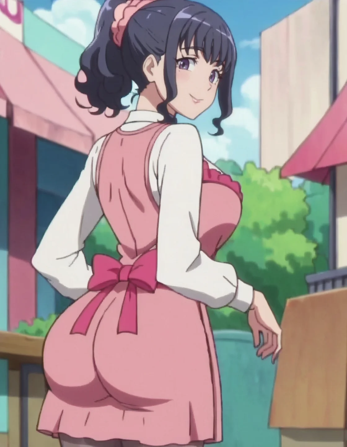 score_9, score_8_up, score_7_up, anime screencap, solo,1girl,absurdres,dress, pink apron,smile, looking at viewer, black hair, ponytail, pantyhose, long sleeves,cowboy shot, large breasts,blushfrom behind,huge ass<lora:minaminomisora:0.8>