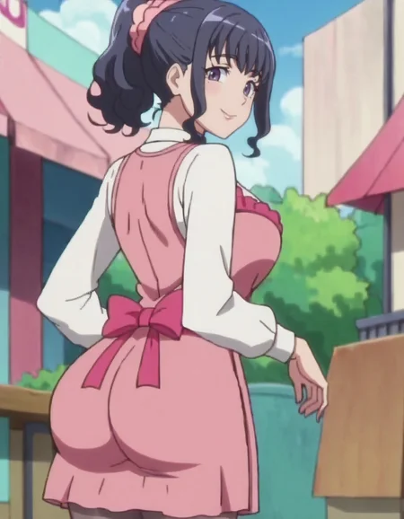 score_9, score_8_up, score_7_up, anime screencap, solo,1girl,absurdres,dress, pink apron,smile, looking at viewer, black hair, ponytail, pantyhose, long sleeves,cowboy shot, large breasts,blushfrom behind,huge ass<lora:minaminomisora:0.8>