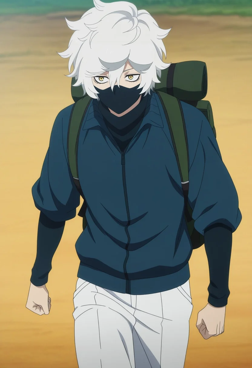 masterpiece, best quality, anime screencap, official style, anime coloring, cowboy shot, 1boy, solo, male focus, <lora:gabimaru_jigokuraku_ilxl:1>, gabimaru_jigokuraku, white hair, yellow eyes, hair between eyes, short hair, messy hair, japanese clothes, mouth mask, , Seersucker Ruby Brocade Shorts, Polo jacket, Athletic shoes, Newsboy cap, andHunting Backpack