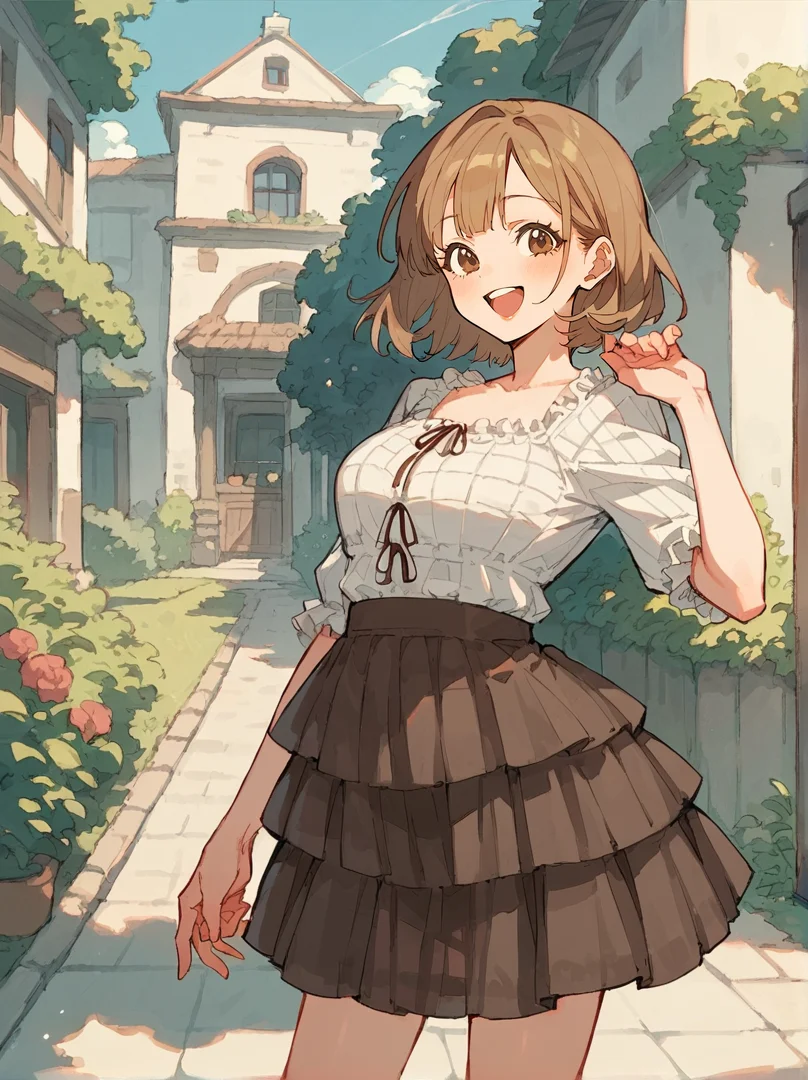 score_8_up, score_7_up, score_6_up, source_anime, 1girl, solo, 
happy, 
frilled shirt, white shirt, layered skirt, brown skirt, ribbon, plaid  <lora:Two_Piece_01:1>