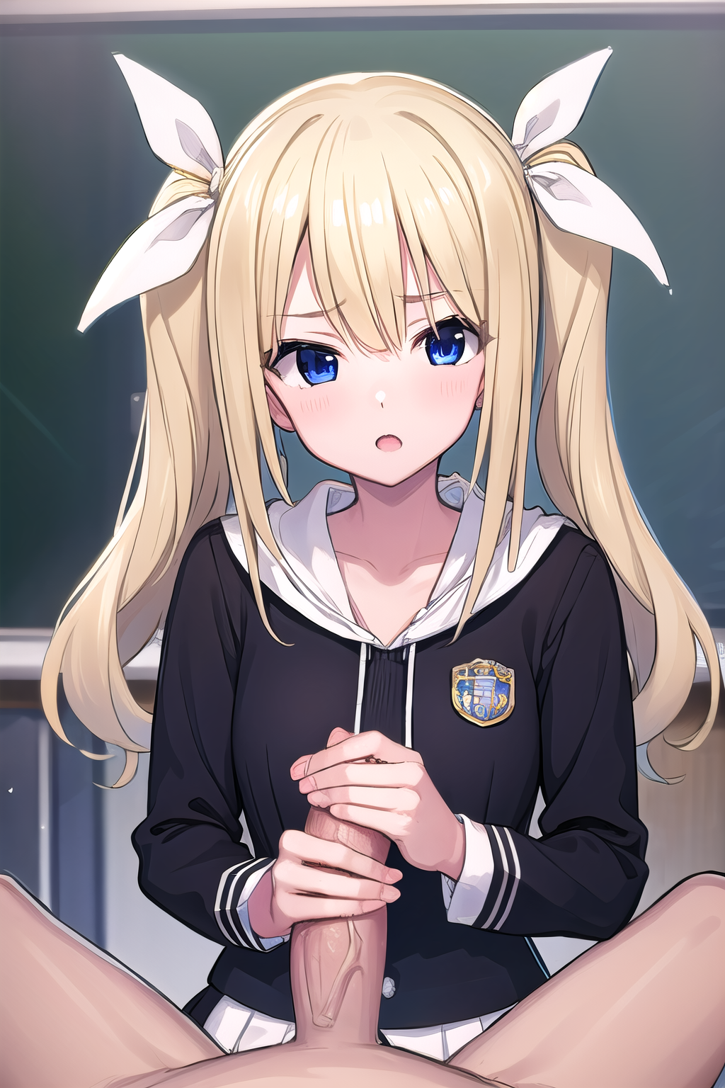 masterpiece, best quality, ultra-detailed, handjob, pov, 1boy, 1girl, penis, Arimura, blonde hair, blue eyes,  hair ribbon, white ribbon, school uniform,