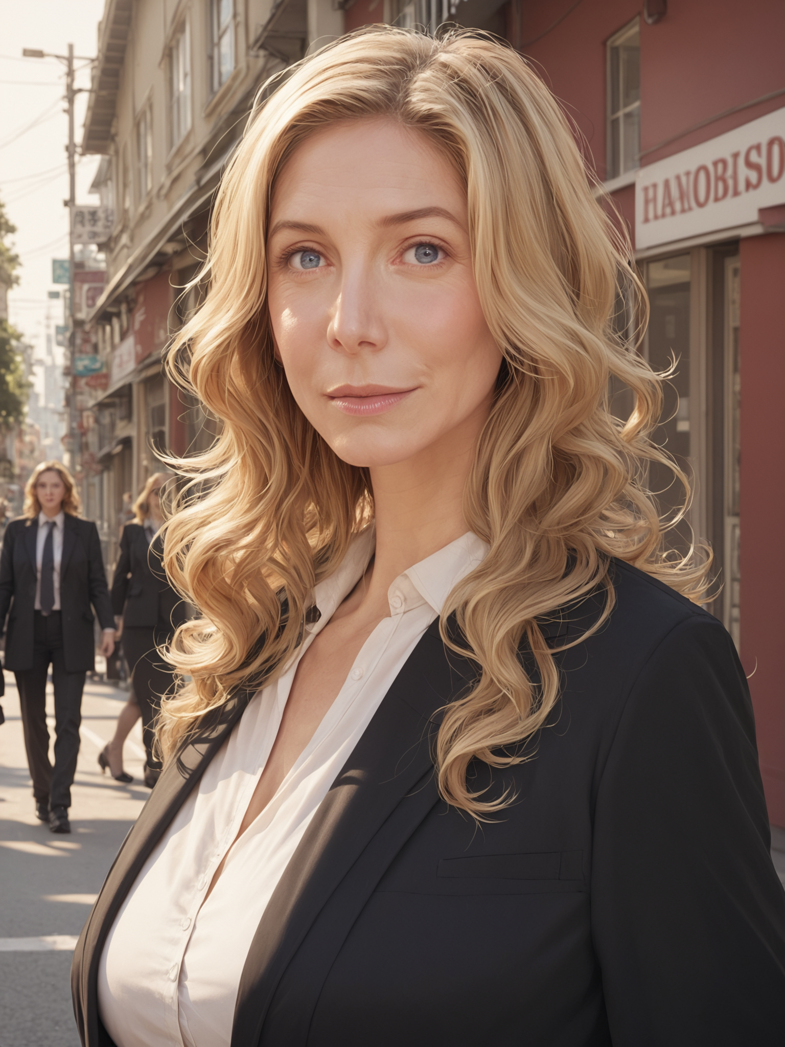 safe_pos, safe_pos, safe_pos,  ((score_9), score_8_up, score_7_up), score_6_up,  
1woman, milf, mature female,solo,  standing, 
EliMitchell,1woman, blonde hair, long wavy hair,  open eyes, blue eyes,black suit with white shirt underneath, walking forward a street,  looking at viewer, half-body shot
 <lora:EliMitchell:1>