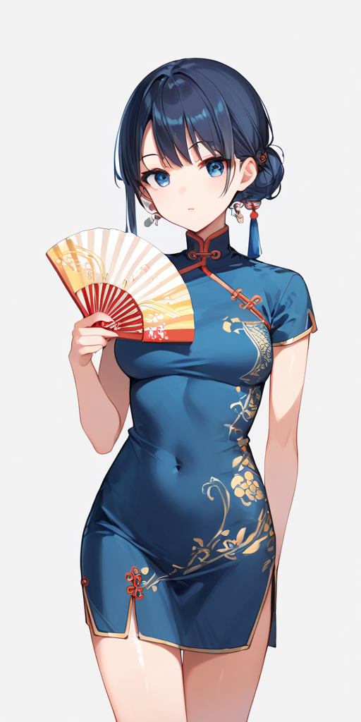 score_9, score_8_up, score_7_up,source_anime, high res image,masterpiece,best quality,girl,cute face,clear skin,shiny hair,ultra detailed eyes, simple background, <lora:sensu_Pony_V1.0:1> sensu, hand fan,china dress