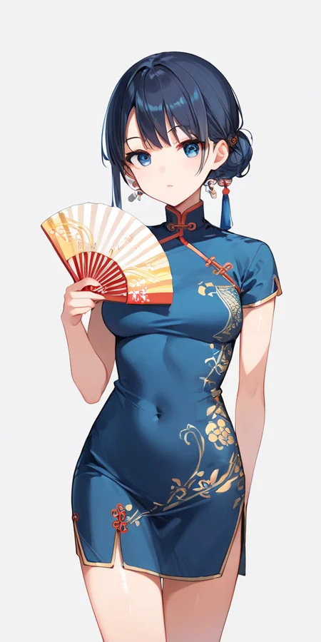 score_9, score_8_up, score_7_up,source_anime, high res image,masterpiece,best quality,girl,cute face,clear skin,shiny hair,ultra detailed eyes, simple background, <lora:sensu_Pony_V1.0:1> sensu, hand fan,china dress