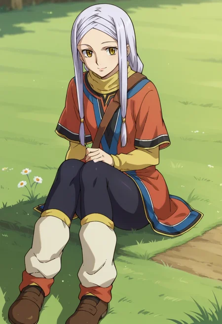 score_9,score_8_up,score_7_up,score_6_up,score_5_up,score_4_up,anime coloring BREAK source_anime,anime,<lora:Soma_Peries_Gundam_00_Pony:0.8>,somas2,1girl,solo,yellow eyes,white hair,long hair,braided bangs,braid,poncho,shoulder bag,pantyhose,leg warmers,smile,sitting,outdoors,grass field,looking_at_viewer,