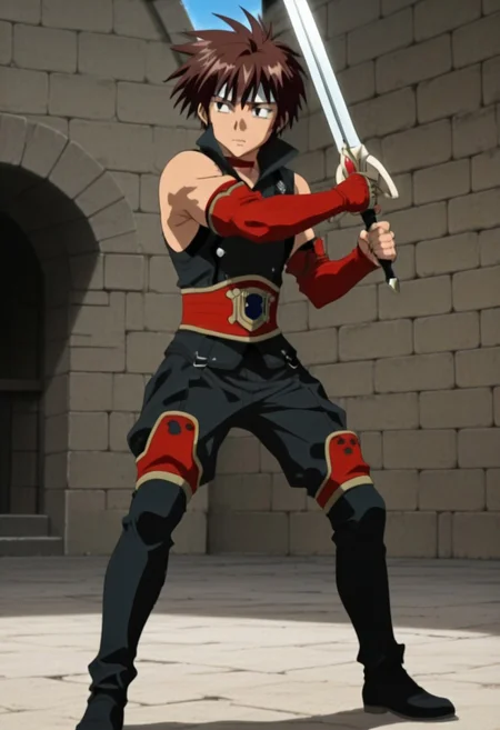 Anime, anime screencap, anime coloring, ((1male, 1boy, solo male only, one male character only, one illustration only, one picture only, single illustration only)), Ash, brown hair, white headband, black eyes, red neck choker, sleeveless black outfit, red fingerless elbow gloves, black pants, ((red knee pads)), black footwear, full body shot, standing position, front view, facing front, tall body, tall height, fit body, biceps, medieval town, ((action pose, fight stance)), ((sword)), ((holding sword)), bright day, sun, blue sky